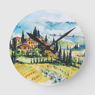 Landschaft mit Stadt- und Zypressenbäumen Runde Wanduhr