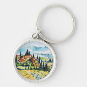 Landschaft mit Stadt- und Zypressenbäumen Schlüsselanhänger