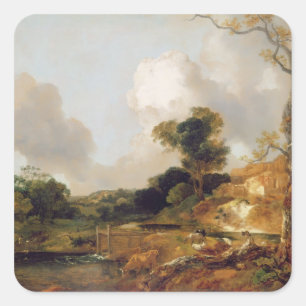 Landschaft mit Strom und Wehr (Öl auf Leinwand) Quadratischer Aufkleber