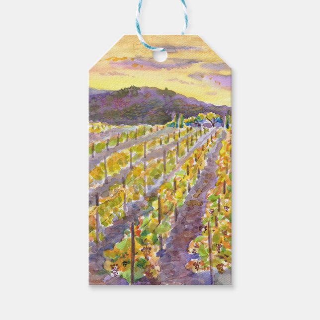 Landschaft mit Traubenernte. Aquarellkunst Geschenkanhänger (Vorderseite)