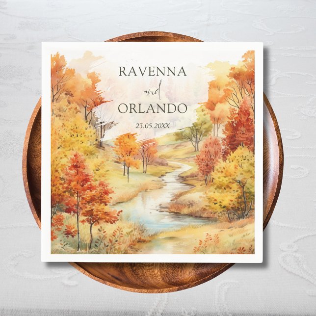 Landschaft Roter Herbst Fluss Wald Hochzeit Serviette (Von Creator hochgeladen)