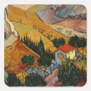 Landschaft Vincent van Goghs mit Haus u. Quadratischer Aufkleber