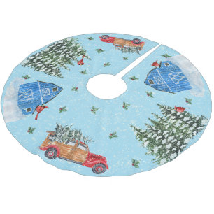 Landschaft Vintager roter Lkw, Stall, Holz Polyester Weihnachtsbaumdecke