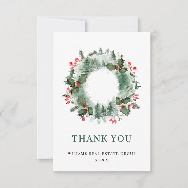 Landschaft Wreath Holly Berry Pine Forest Weihnach Dankeskarte (Vorderseite)