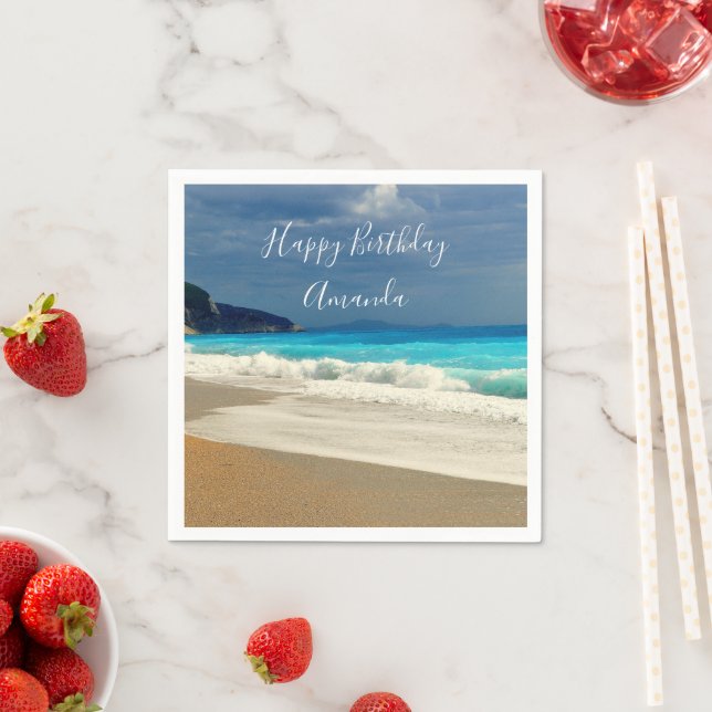 Landschaftlich Türkis Blue Sea Beach Foto Geburtst Serviette (Beispiel)