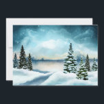 Landschaftlich Winter Wonderland Aquarellmalerei Feiertagskarte<br><div class="desc">Eine flache Urlaubskarte mit Aquarellmalerei. Pinienbäume mit Schnee bedeckt in einer winterlichen Szene. Schneeflocken fallen auf einem schneebedeckten Boden. Weiße und blaue flauschige Wolken erheben sich im Himmel. Mit einem gefrorenen See im Hintergrund. Friedliche launische Stimmung.</div>