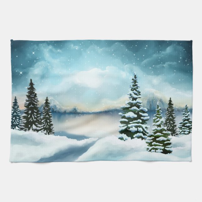Landschaftlich Winter Wonderland Aquarellmalerei Geschirrtuch (Horizontal)
