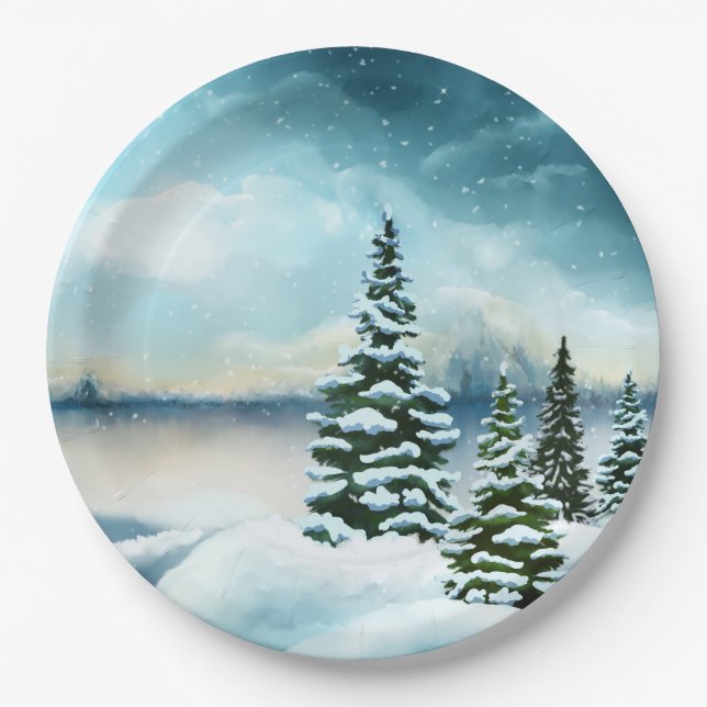 Landschaftlich Winter Wonderland Aquarellmalerei Pappteller (Vorderseite)