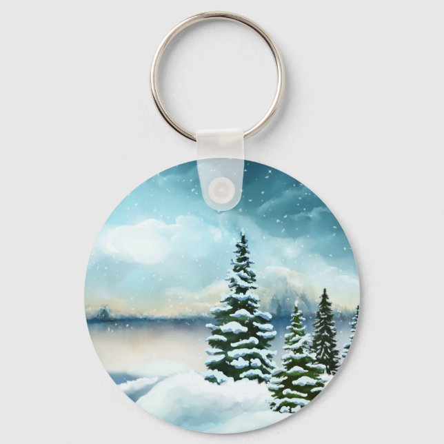 Landschaftlich Winter Wonderland Aquarellmalerei Schlüsselanhänger (Vorderseite)