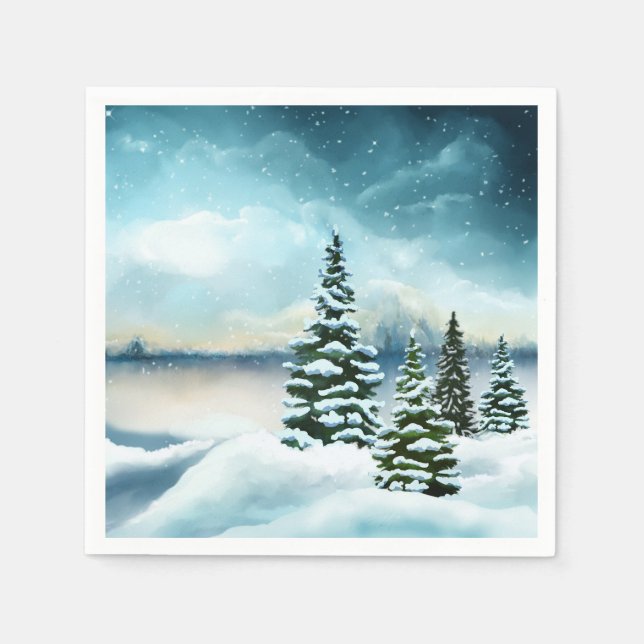 Landschaftlich Winter Wonderland Aquarellmalerei Serviette (Vorderseite)