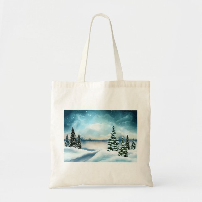 Landschaftlich Winter Wonderland Aquarellmalerei Tragetasche (Vorne)