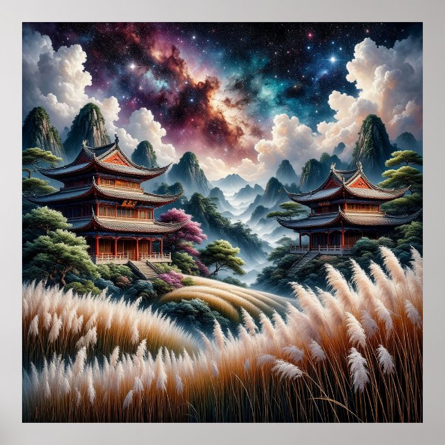 Landschaftliche asiatische Tempel gegen Sternenhim Poster (Vorne)