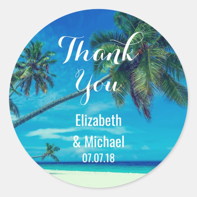 Landschaftliche Coconut Palms Wedding Danke Runder Aufkleber (Vorderseite)