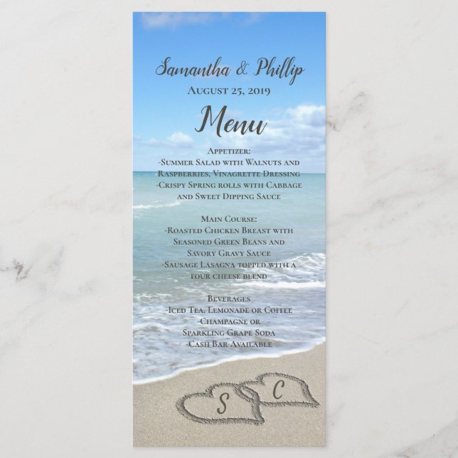 Landschaftliche Herzen im Sand Beach Wedding Menü Menükarte (Vorderseite)