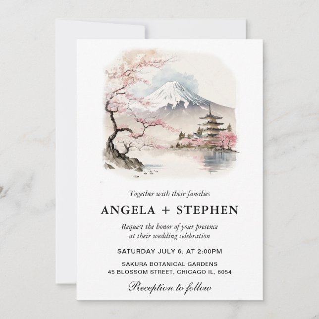 Landschaftliche Hochzeit mit japanischem Fuji und  Einladung (Vorderseite)