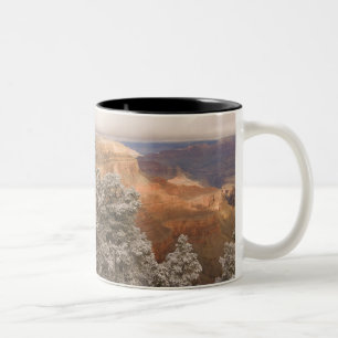 Landschaftliche schneebedeckte Winterlandschaft en Zweifarbige Tasse