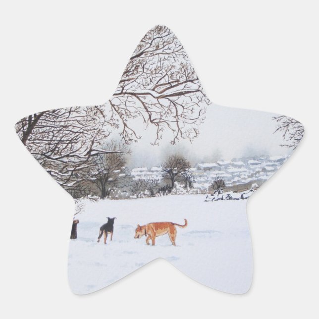 landschaftliche Sicht auf Hunde in Schneelandschaf Stern-Aufkleber (Vorderseite)