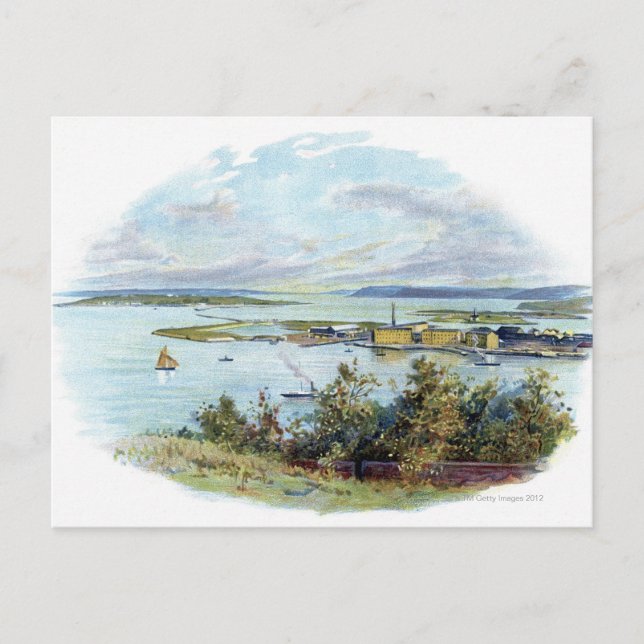 Landschaftliche Vignette von Queenstown und Cobh,  Postkarte (Vorderseite)