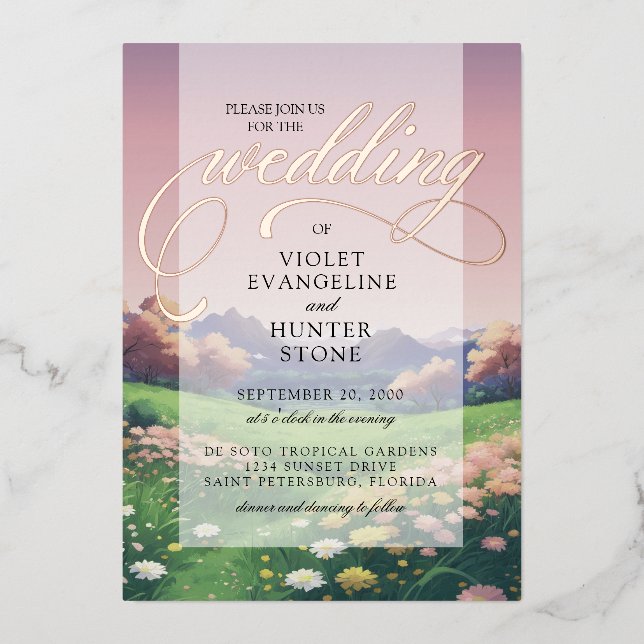 Landschaftliche Wildblumen Hochzeit Folieneinladung (Vorderseite)