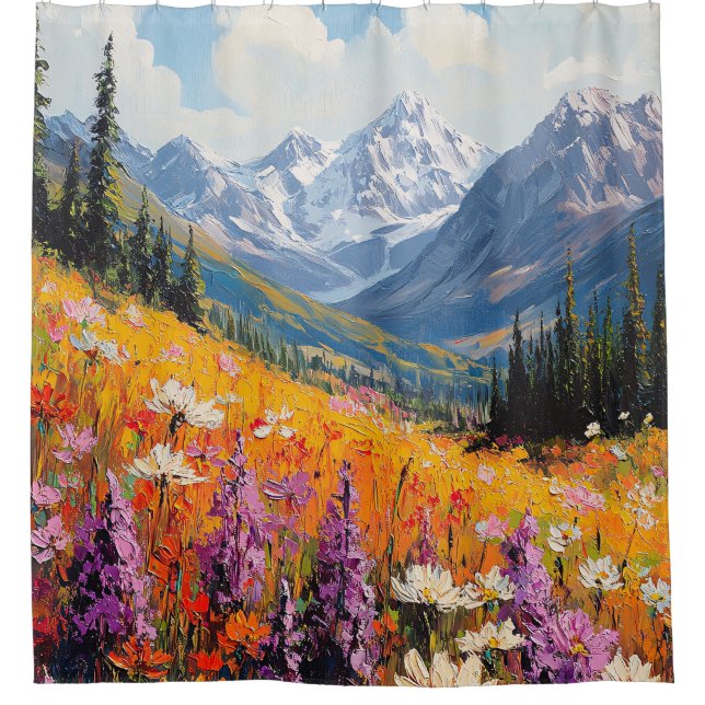 Landschaftliche Wildblumen und Berge Kunst und Kul Duschvorhang (Vorderseite)