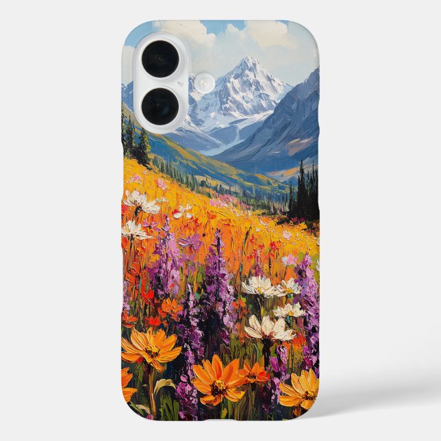 Landschaftliche Wildblumen und Berge Kunst und Kul iPhone 16 Hülle (Rückseite)