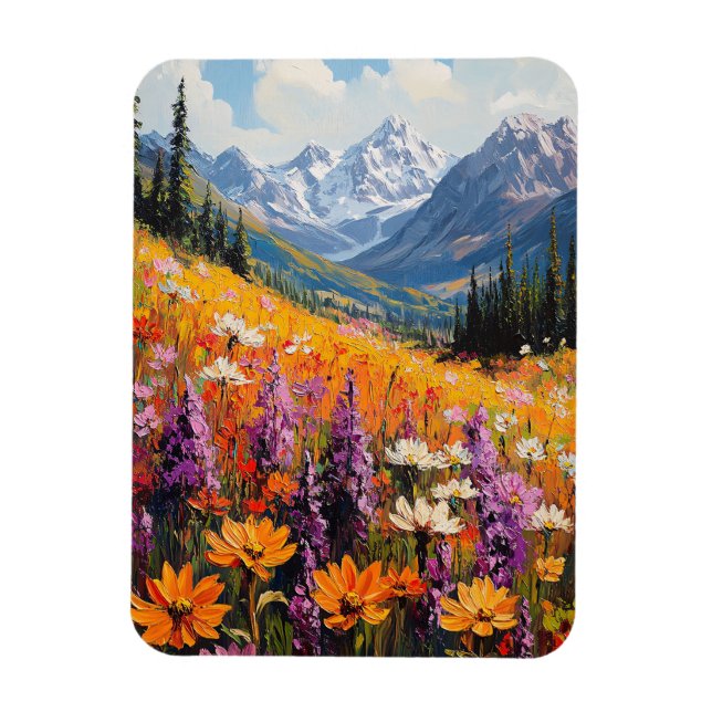 Landschaftliche Wildblumen und Berge Kunst und Kul Magnet (Vertikal)