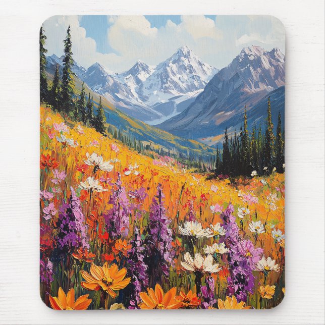 Landschaftliche Wildblumen und Berge Kunst und Kul Mousepad (Vorne)