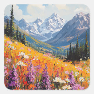 Landschaftliche Wildblumen und Berge Kunst und Kul Quadratischer Aufkleber