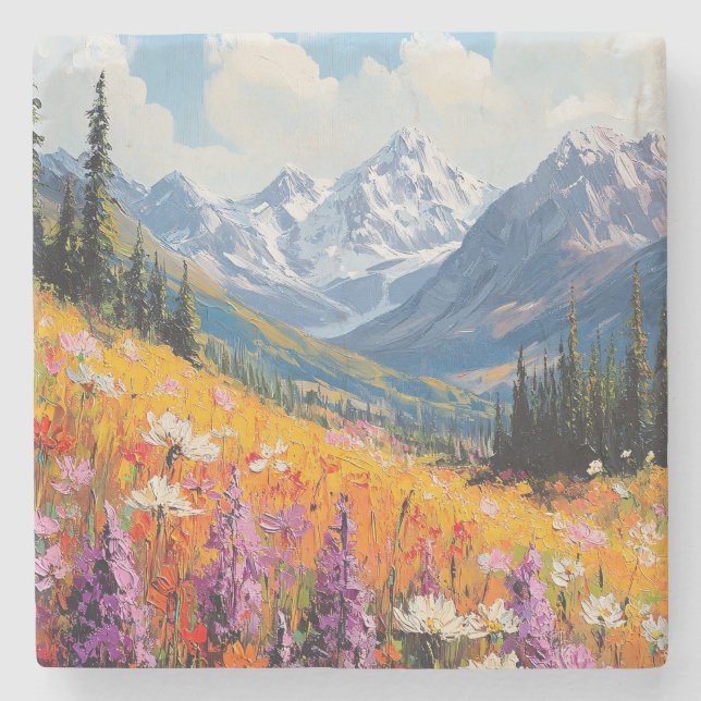 Landschaftliche Wildblumen und Berge Kunst und Kul Steinuntersetzer (Vorderseite)