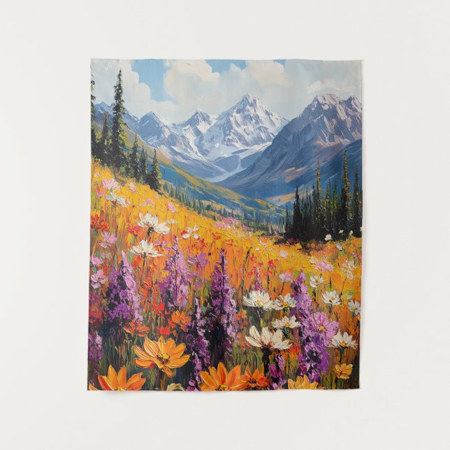 Landschaftliche Wildblumen und Berge Kunst und Kul Wandteppich (Vorderseite)