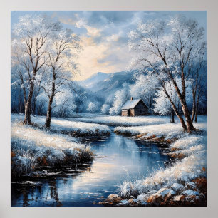 Landschaftliche Winterlandschaft mit Kabine und St Poster