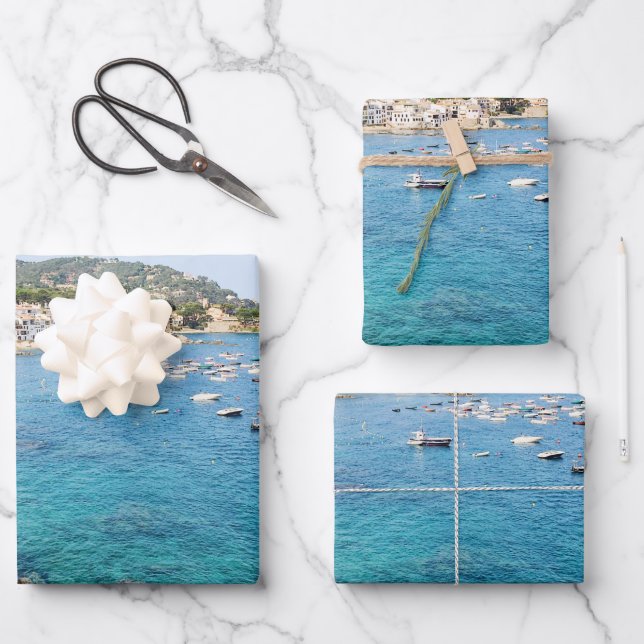 Landschaftlicher blauer Ozean Spanien Reisen Foto Geschenkpapier Set (Vorderseite)