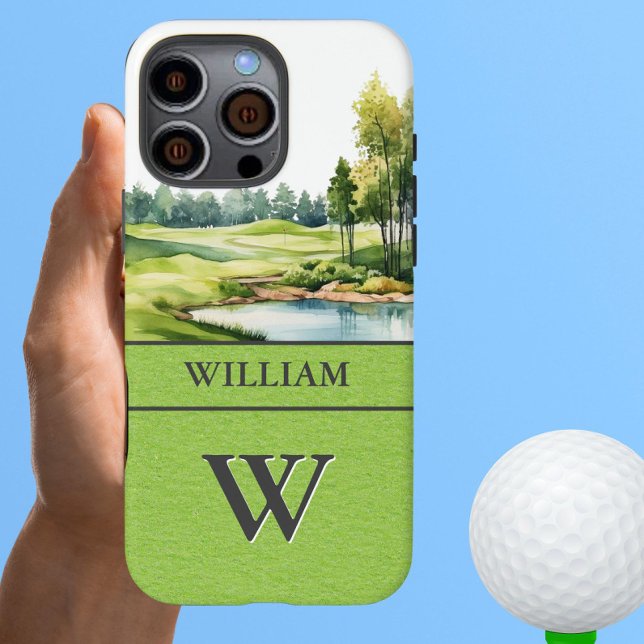 Landschaftlicher Golfplatz-Monogramm-Name   iPhone 16 Pro Max Hülle (Von Creator hochgeladen)