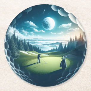Landschaftlicher Golfplatz unter dem Moonlit Sky Runder Pappuntersetzer