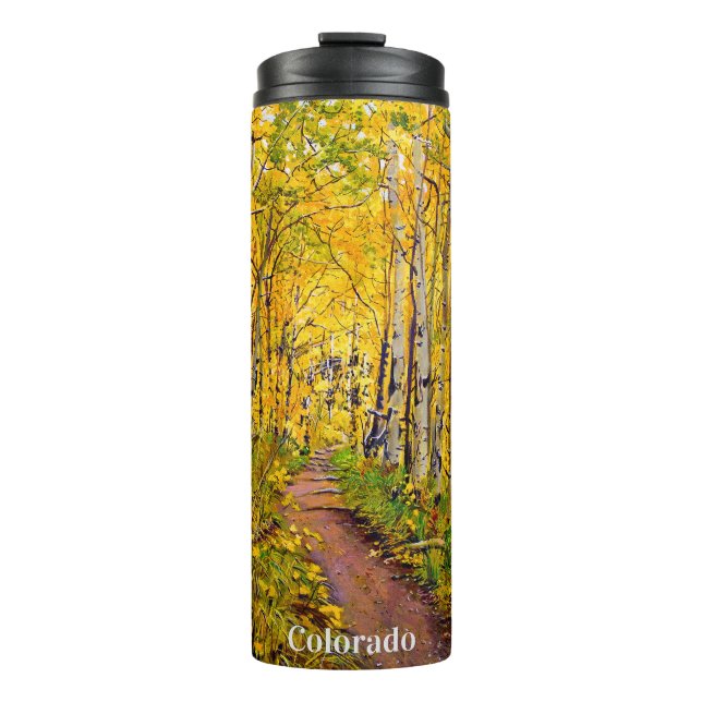 Landschaftlicher Herbstweg in Aspen Tree Grove Thermosbecher (Vorderseite)