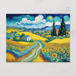 Landschaftlicher Landweg durch Sonnenblumenfelder Feiertagspostkarte