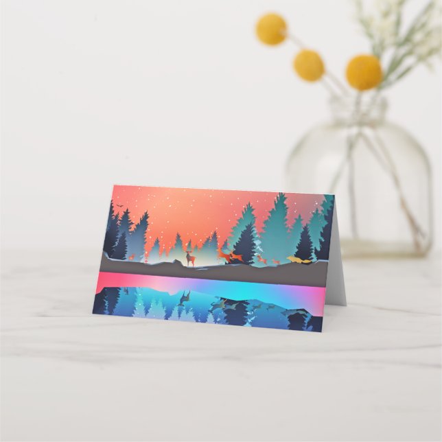 Landschaftlicher Wintersee mit Hirsch Platzkarte (Vorderseite)