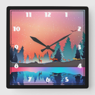 Landschaftlicher Wintersee mit Hirsch Quadratische Wanduhr