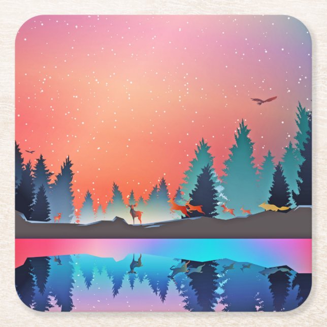 Landschaftlicher Wintersee mit Hirsch Rechteckiger Pappuntersetzer (Vorderseite)