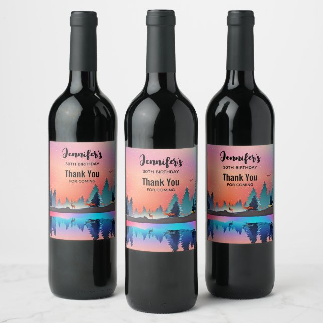 Landschaftlicher Wintersee mit Hirschfest Weinetikett (Flaschen)