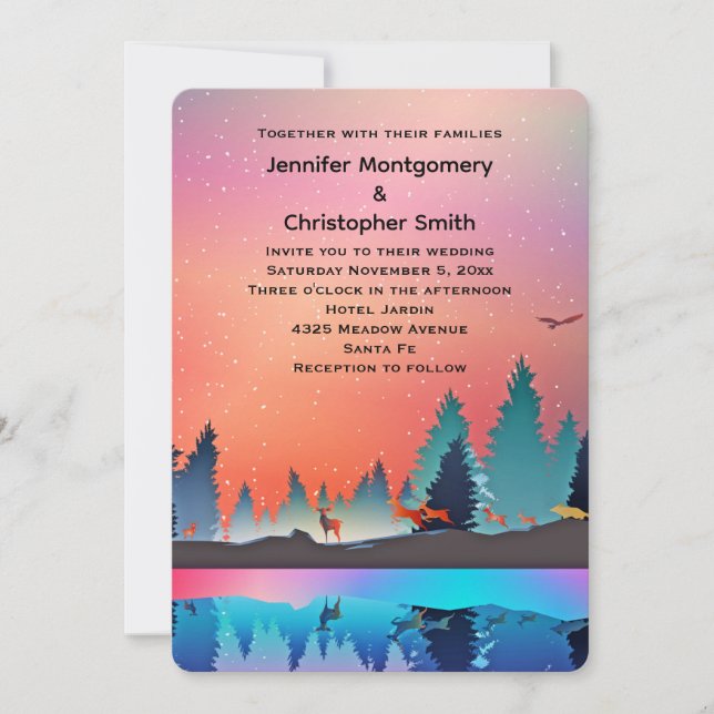 Landschaftlicher Wintersee mit Hirschhochzeit Einladung (Vorderseite)