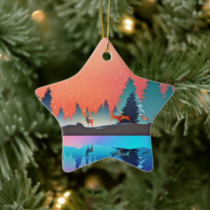 Landschaftlicher Wintersee mit Hirschwein Keramik Ornament