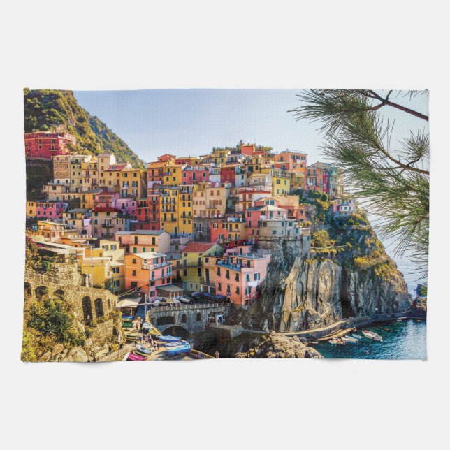 Landschaftliches Dorf, Cinque Terre, Ligurien, Ita Geschirrtuch (Horizontal)
