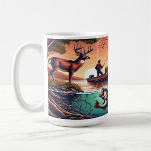 Landschaftliches Outdoor-Fischerboot, Hirsch und B Kaffeetasse