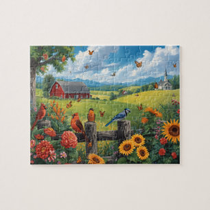 Landschaftsbild mit Vögeln Sonnenblumen Rote Scheu