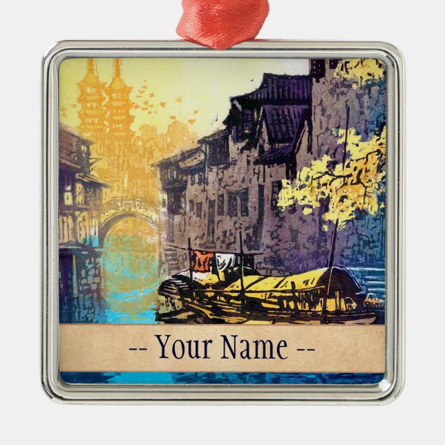 Landschaftsfluss-Sonnenuntergangmalerei Chou Xing Ornament Aus Metall (Vorne)
