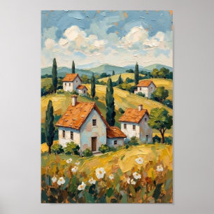 Landschaftskunst im Stil eines alten Dorfes auf de Poster