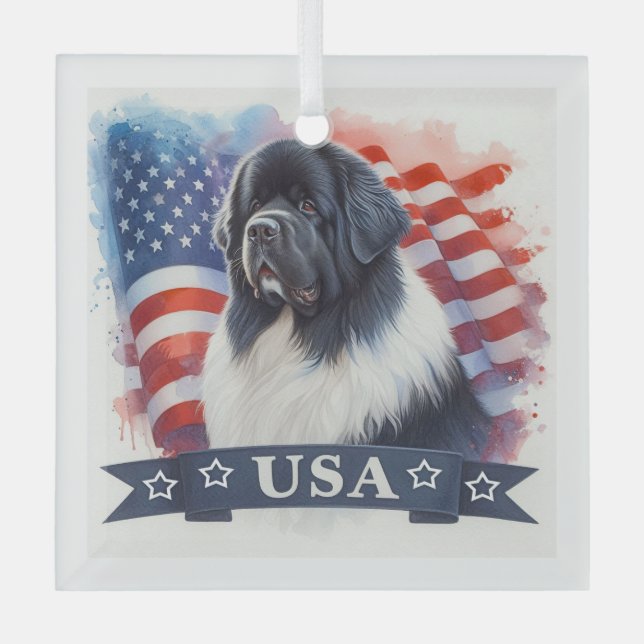 Landseer Newfoundland Dog Patriotic Ornament Aus Glas (Vorderseite)