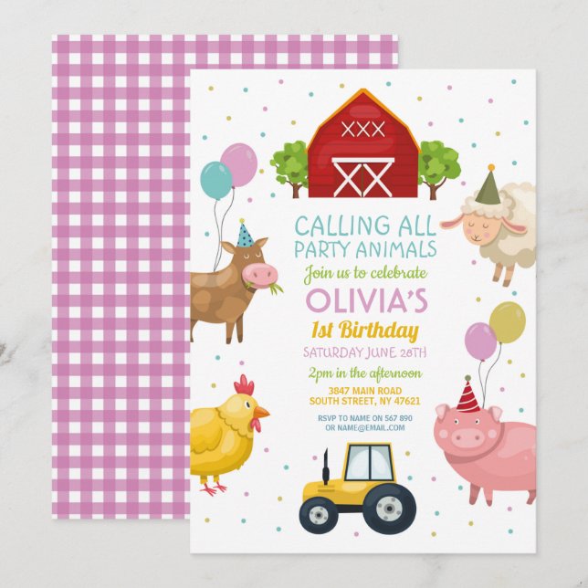 Landtiere 1. Kindergeburtstag Pink Girls Einladung (Vorne/Hinten)