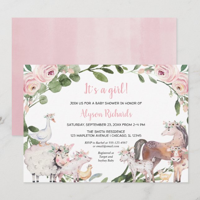 Landtiere Aquarell Blumenmädchen Dusche Einladung (Vorne/Hinten)